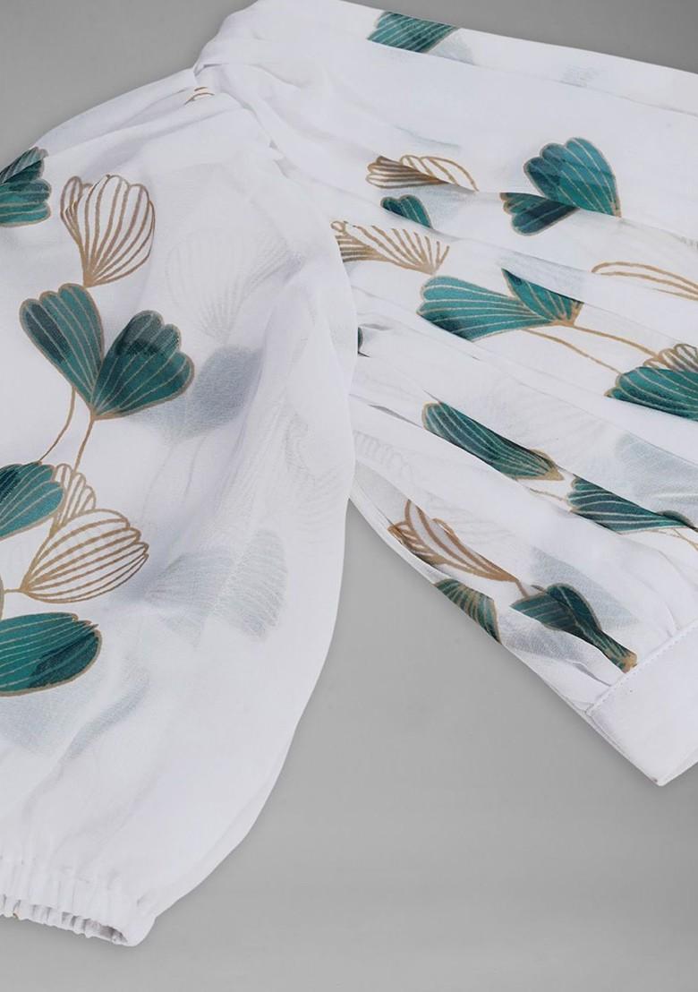 White Printed Blended Lehenga Choli For Girls - Indya