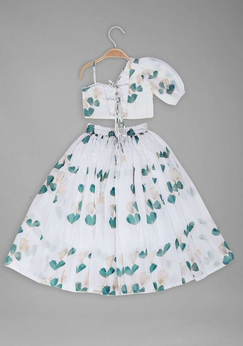White Printed Blended Lehenga Choli For Girls - Indya