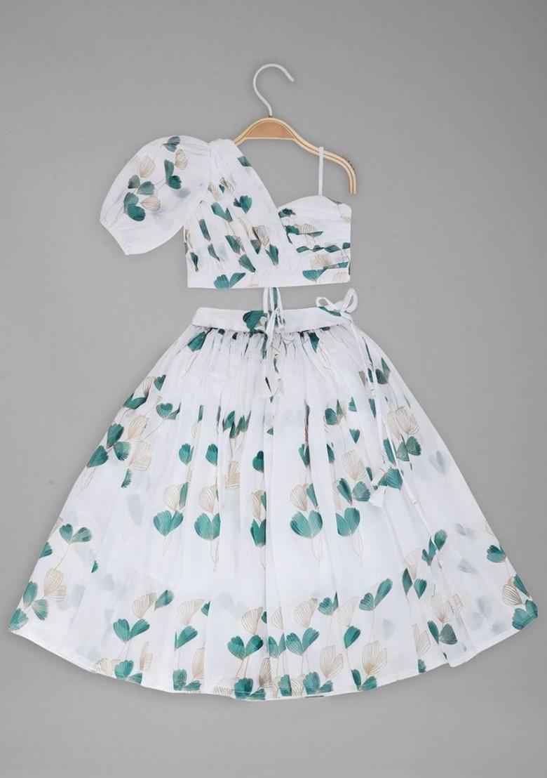 White Printed Blended Lehenga Choli For Girls - Indya