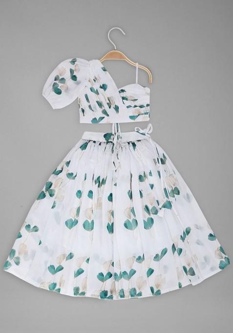 White Printed Blended Lehenga Choli For Girls