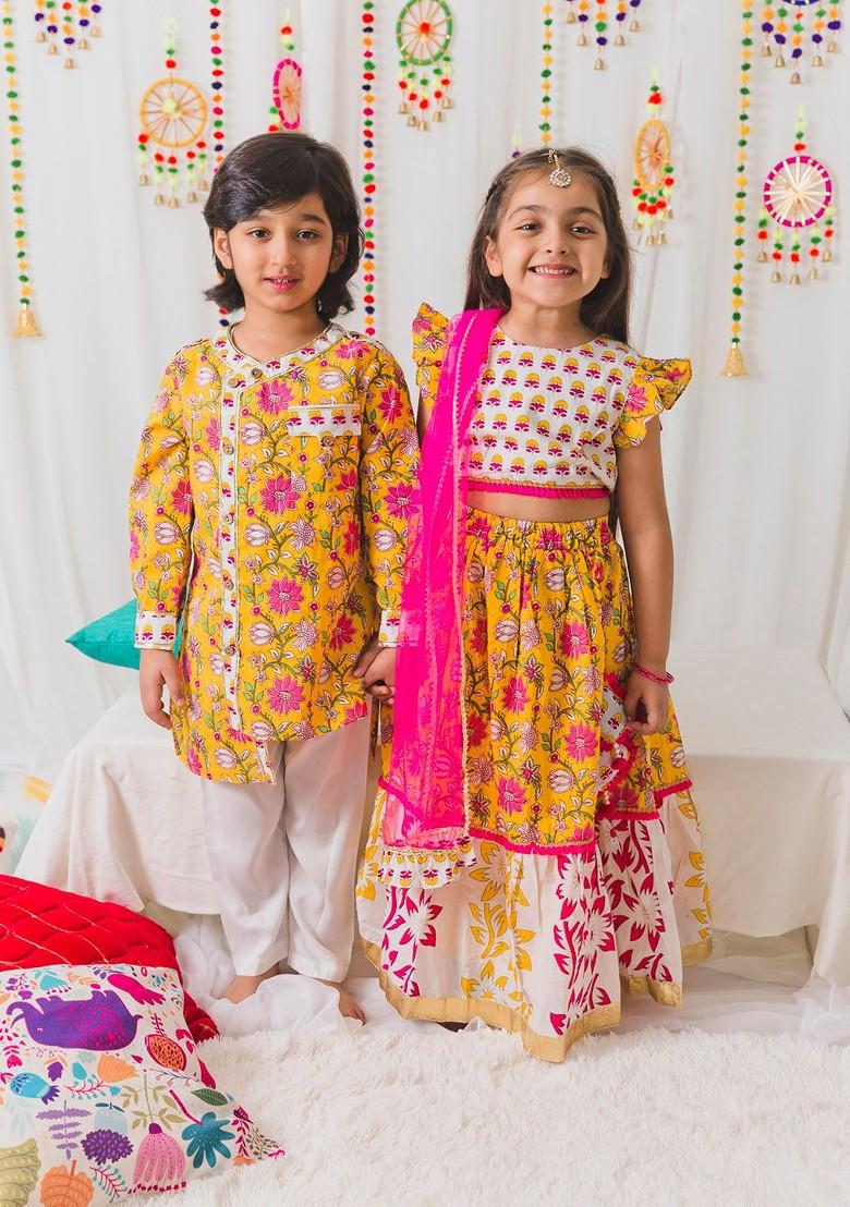 Yellow Printed Blended Lehenga Choli For Girls - Indya