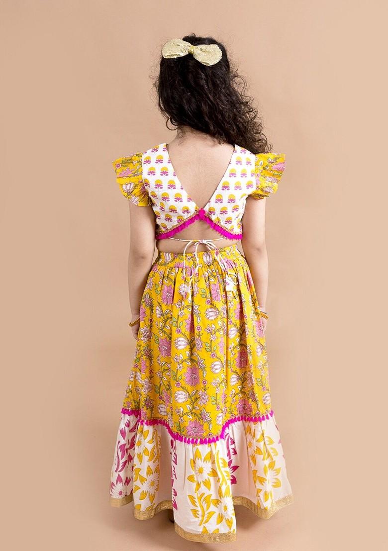 Yellow Printed Blended Lehenga Choli For Girls - Indya