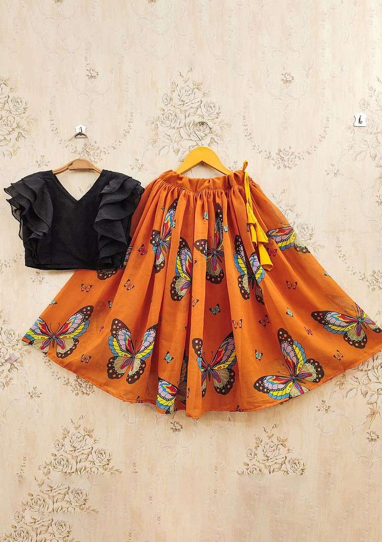 Orange Printed Blended Lehenga Choli For Girls - Indya