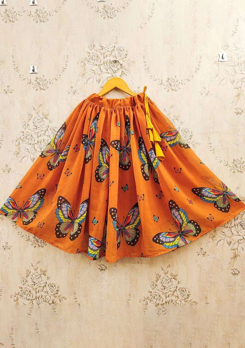 Orange Printed Blended Lehenga Choli For Girls - Indya