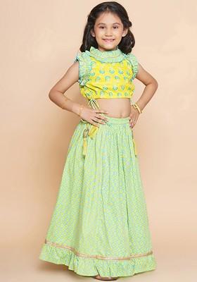 Lime Green Printed Cotton Blend Lehenga Choli For Girls