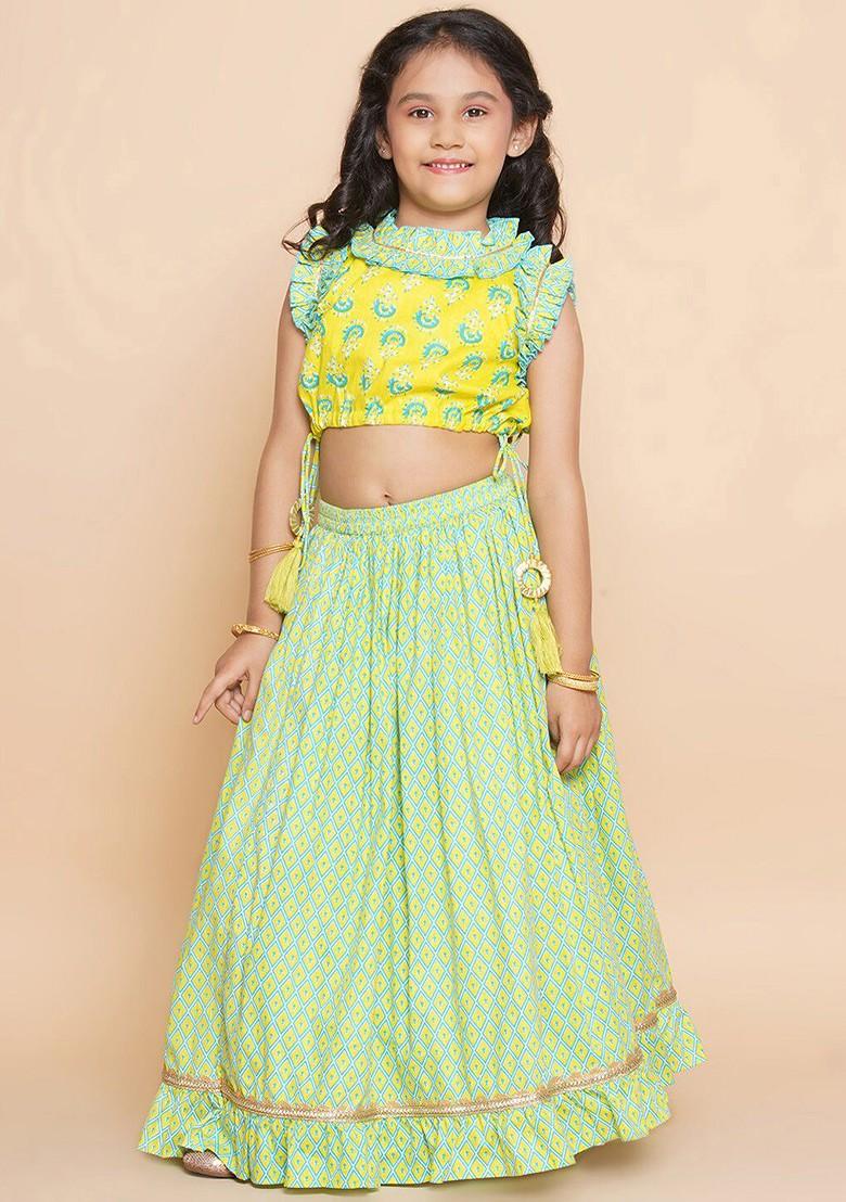 Lime Green Printed Cotton Blend Lehenga Choli For Girls - Indya