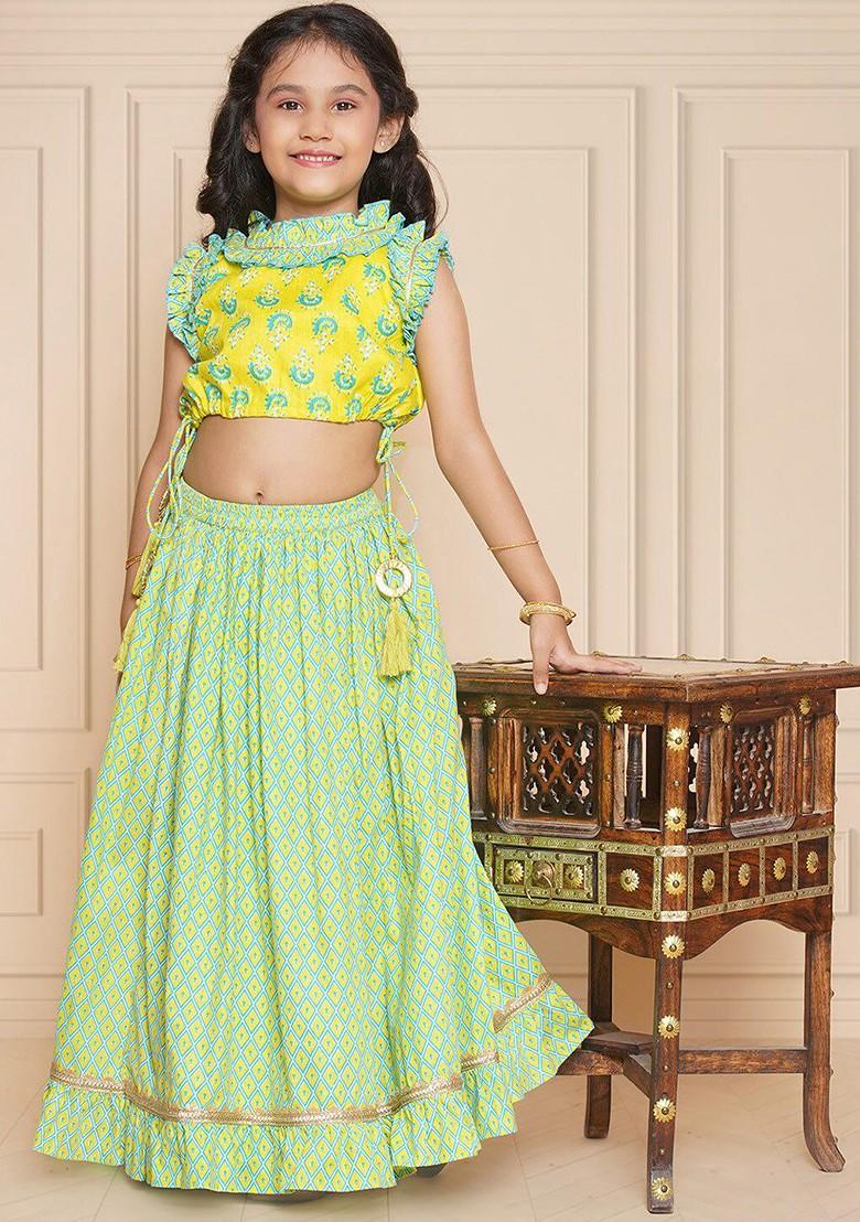 Lime Green Printed Cotton Blend Lehenga Choli For Girls - Indya