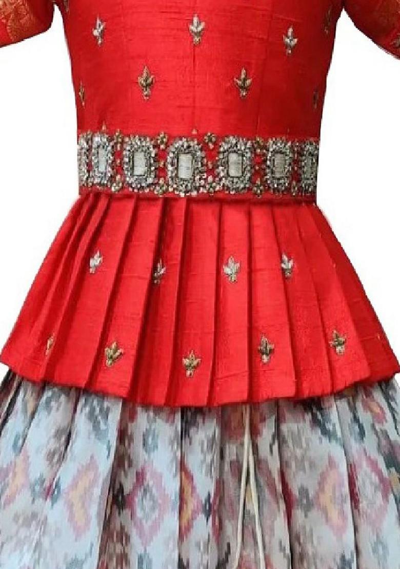 Red Embroidered Blended Lehenga Choli For Girls - Indya
