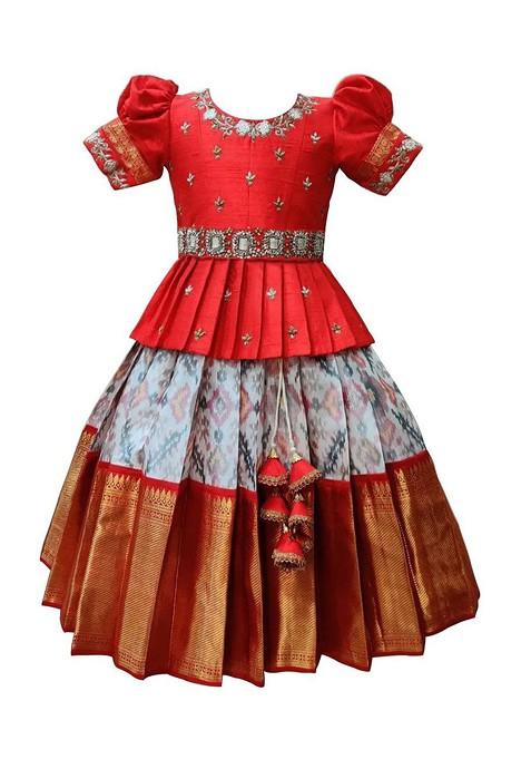 Red Embroidered Blended Lehenga Choli For Girls