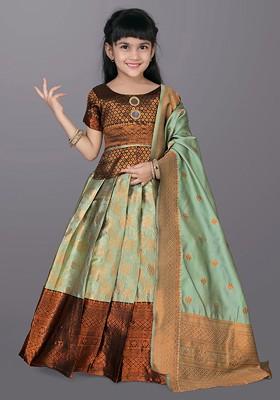 Green Embroidered Blended Lehenga Choli For Girls