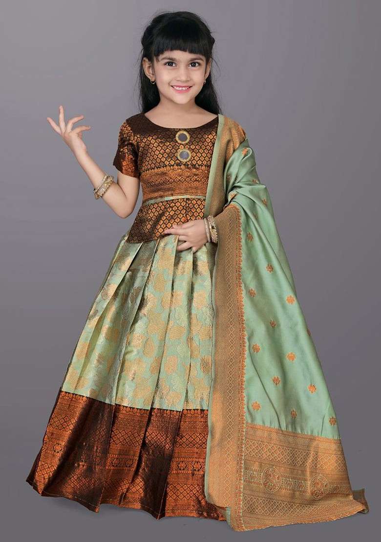 Green Embroidered Blended Lehenga Choli For Girls - Indya