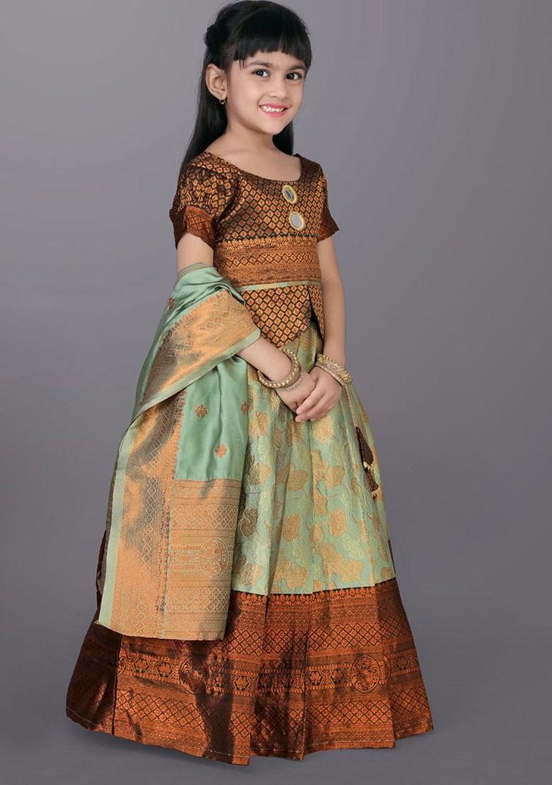 Green Embroidered Blended Lehenga Choli For Girls - Indya