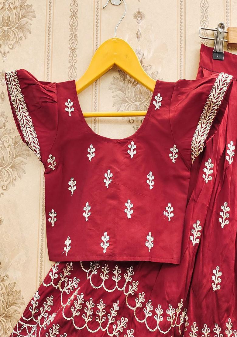 Maroon Embroidered Blended Lehenga Choli For Girls - Indya