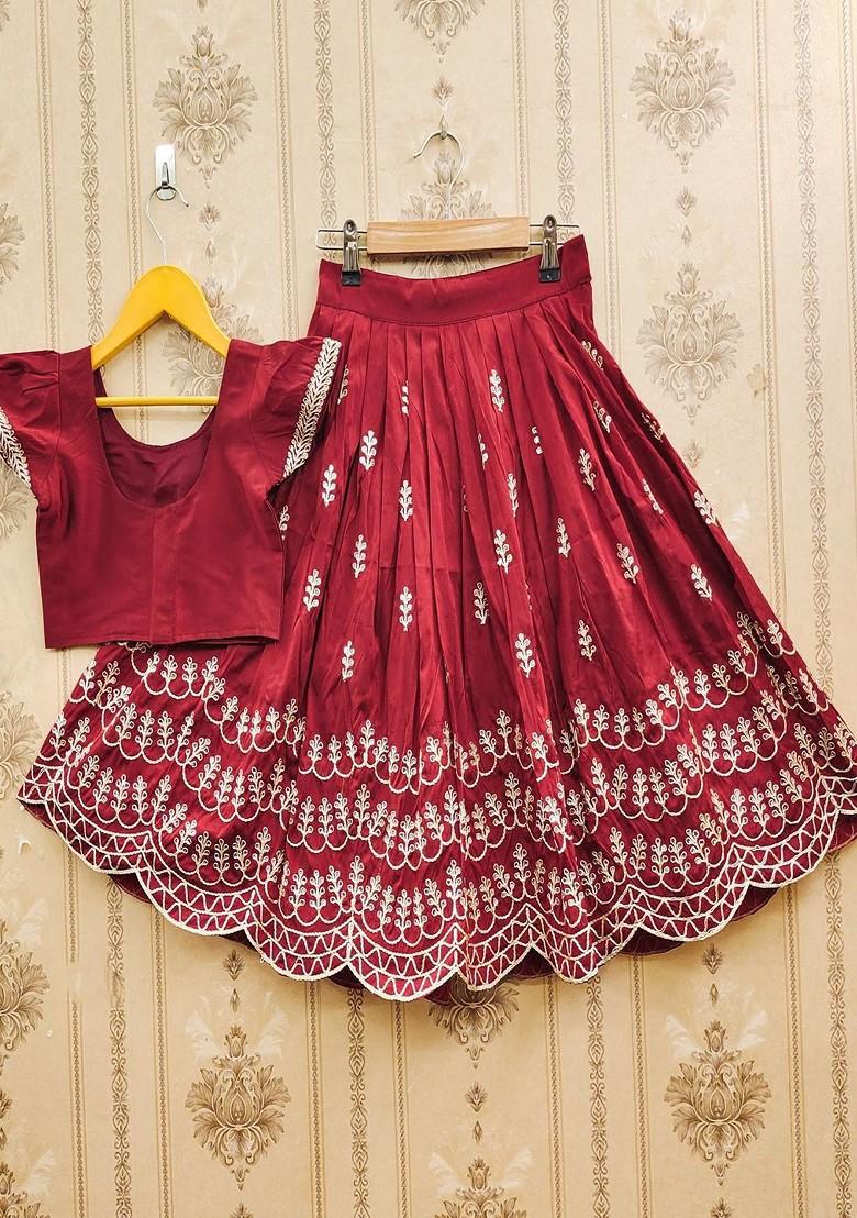 Maroon Embroidered Blended Lehenga Choli For Girls - Indya