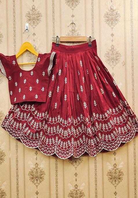 Maroon Embroidered Blended Lehenga Choli For Girls — view on Indya