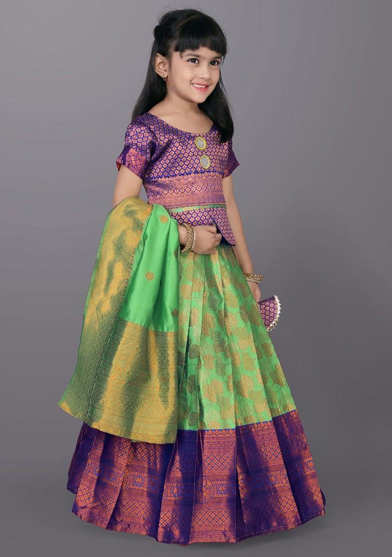 Fluorescent Green Embroidered Blended Lehenga Choli For Girls - Indya