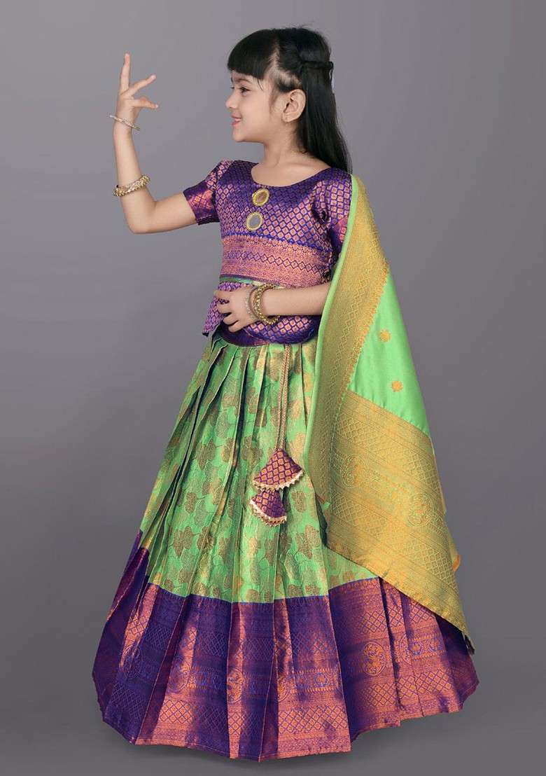 Fluorescent Green Embroidered Blended Lehenga Choli For Girls - Indya