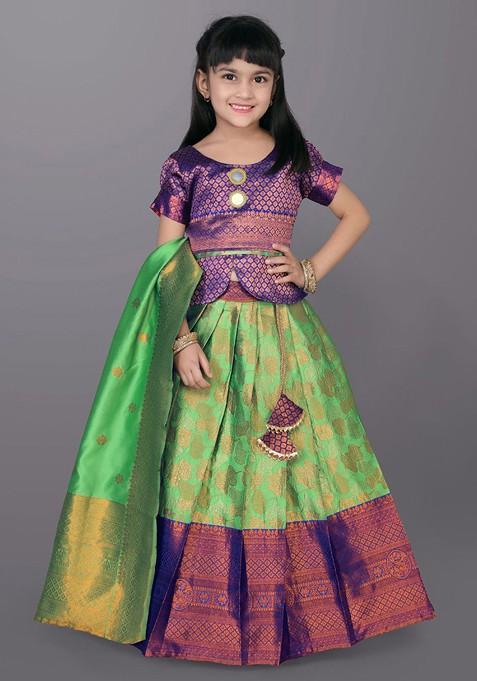 Fluorescent Green Embroidered Blended Lehenga Choli For Girls