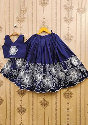 Navy Blue Embroidered Blended Lehenga Choli For Girls