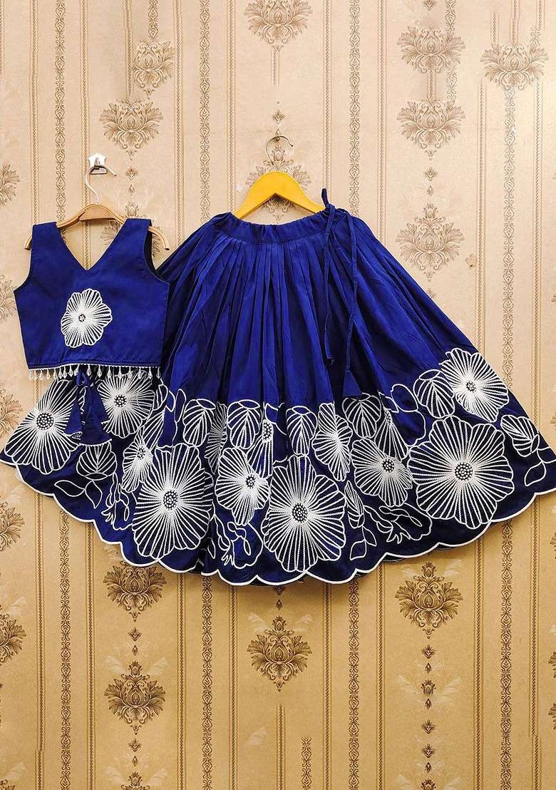Navy Blue Embroidered Blended Lehenga Choli For Girls - Indya