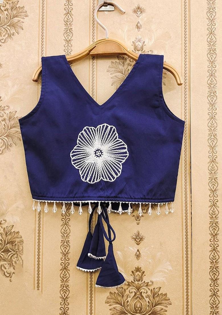 Navy Blue Embroidered Blended Lehenga Choli For Girls - Indya