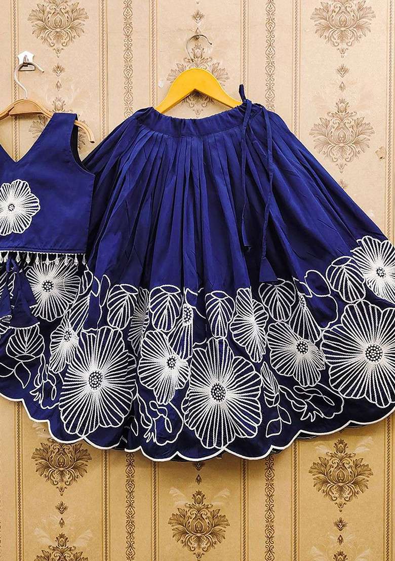 Navy Blue Embroidered Blended Lehenga Choli For Girls - Indya