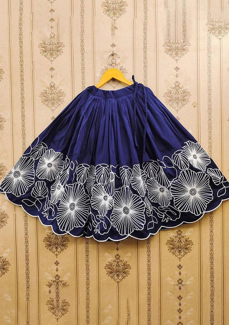 Navy Blue Embroidered Blended Lehenga Choli For Girls - Indya