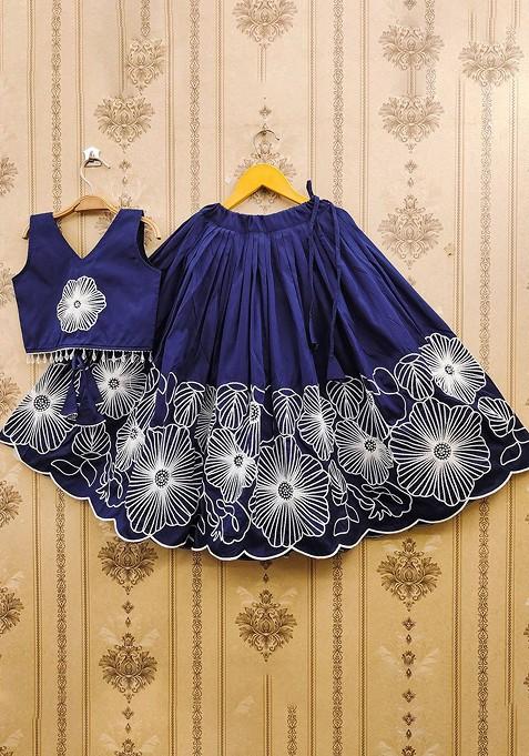 Navy Blue Embroidered Blended Lehenga Choli For Girls