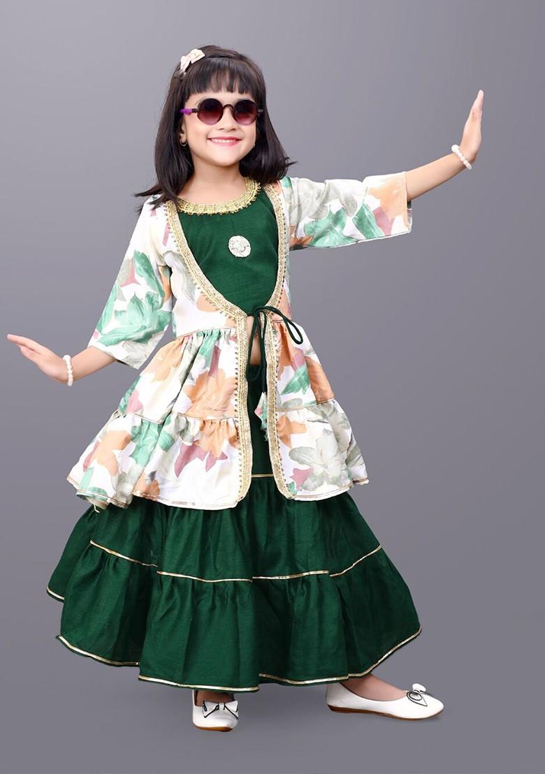 Green Printed Cotton Blend Lehenga Choli For Girls - Indya