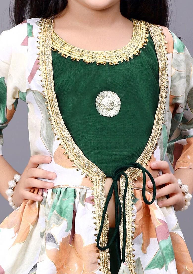 Green Printed Cotton Blend Lehenga Choli For Girls - Indya