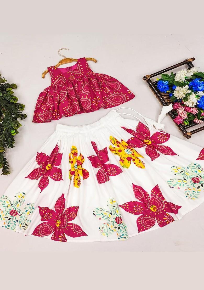 Pink Printed Viscose Lehenga Choli For Girls - Indya