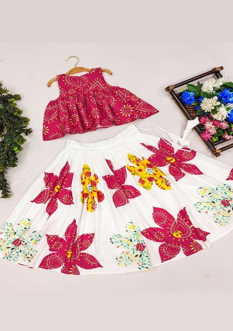Pink Printed Viscose Lehenga Choli For Girls - Indya