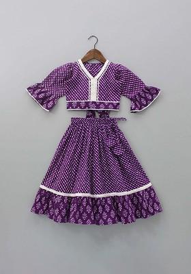 Purple Printed Blended Lehenga Choli For Girls