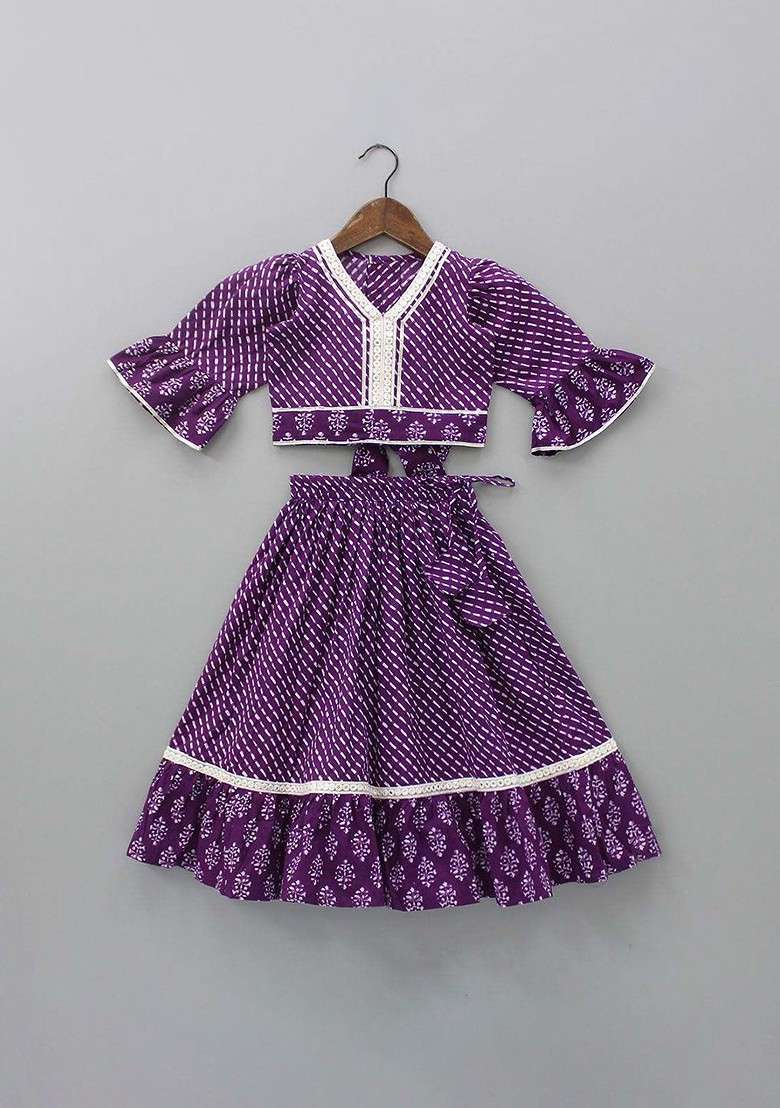 Purple Printed Blended Lehenga Choli For Girls - Indya