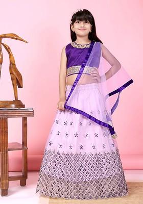 Lavender Embroidered Blended Lehenga Choli For Girls