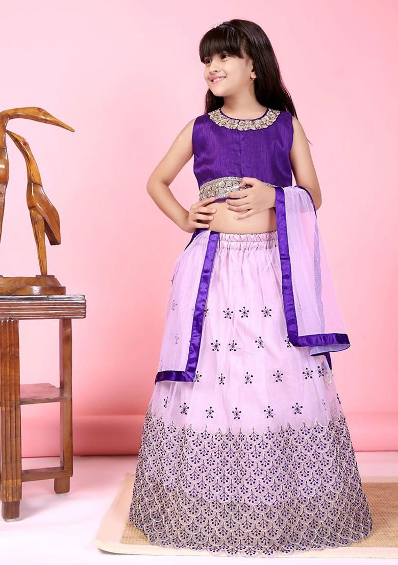 Lavender Embroidered Blended Lehenga Choli For Girls - Indya