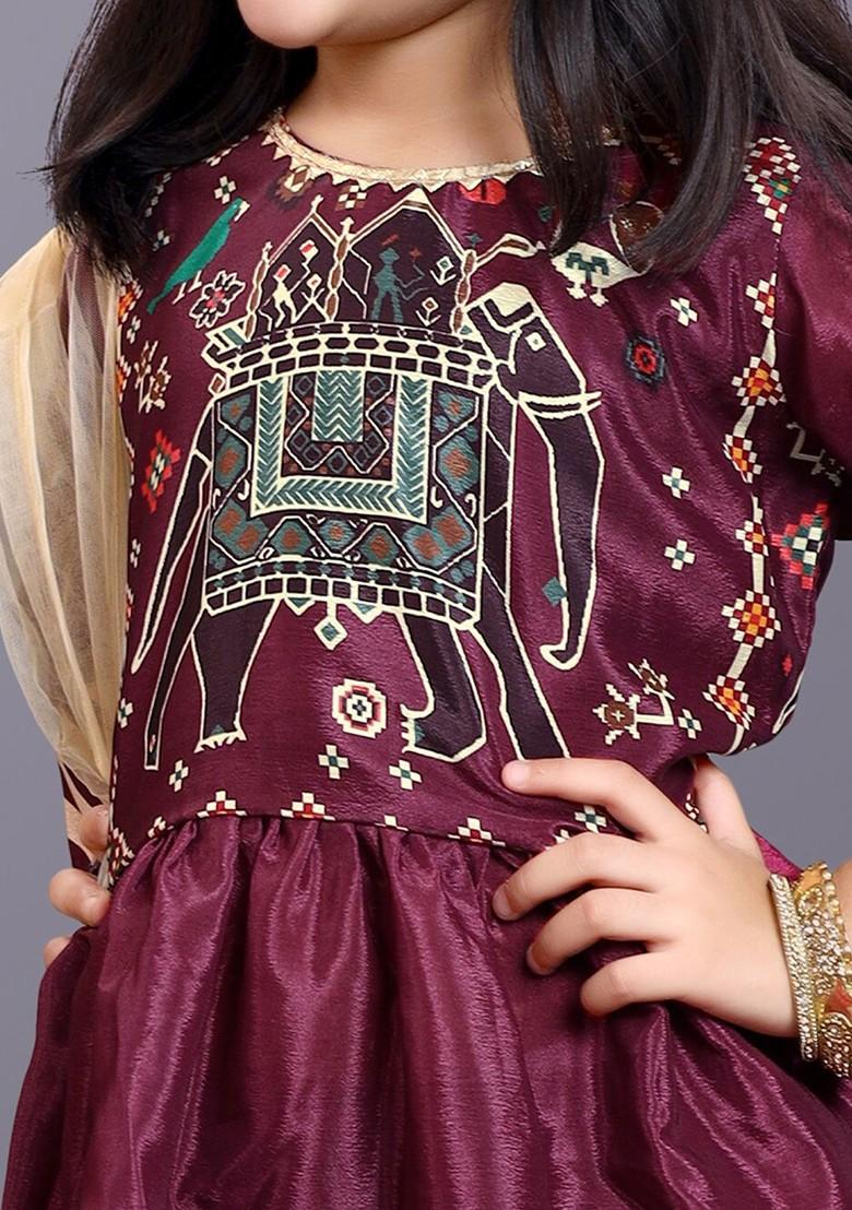 Maroon Printed Blended Lehenga Choli For Girls - Indya