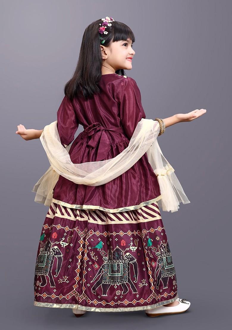 Maroon Printed Blended Lehenga Choli For Girls - Indya