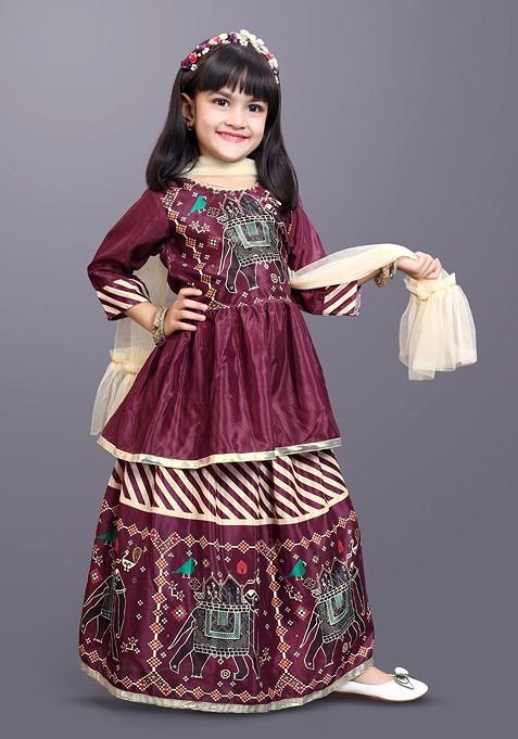 Maroon Printed Blended Lehenga Choli For Girls — view on Indya