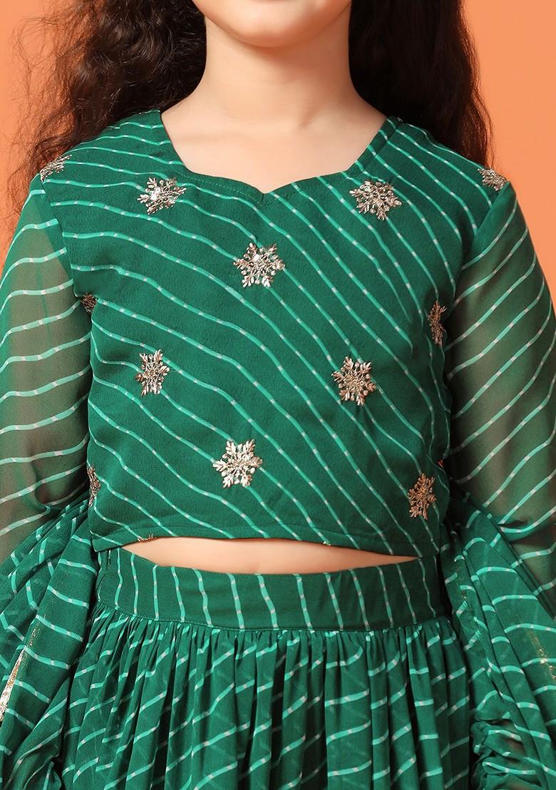 Green Printed Blended Lehenga Choli For Girls - Indya