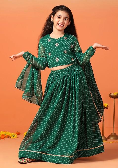 Green Printed Blended Lehenga Choli For Girls