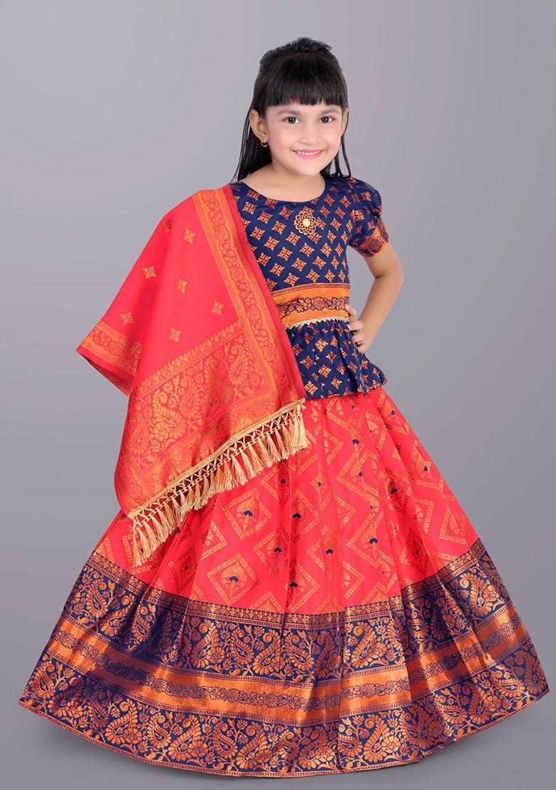 Peach Embroidered Blended Lehenga Choli For Girls - Indya