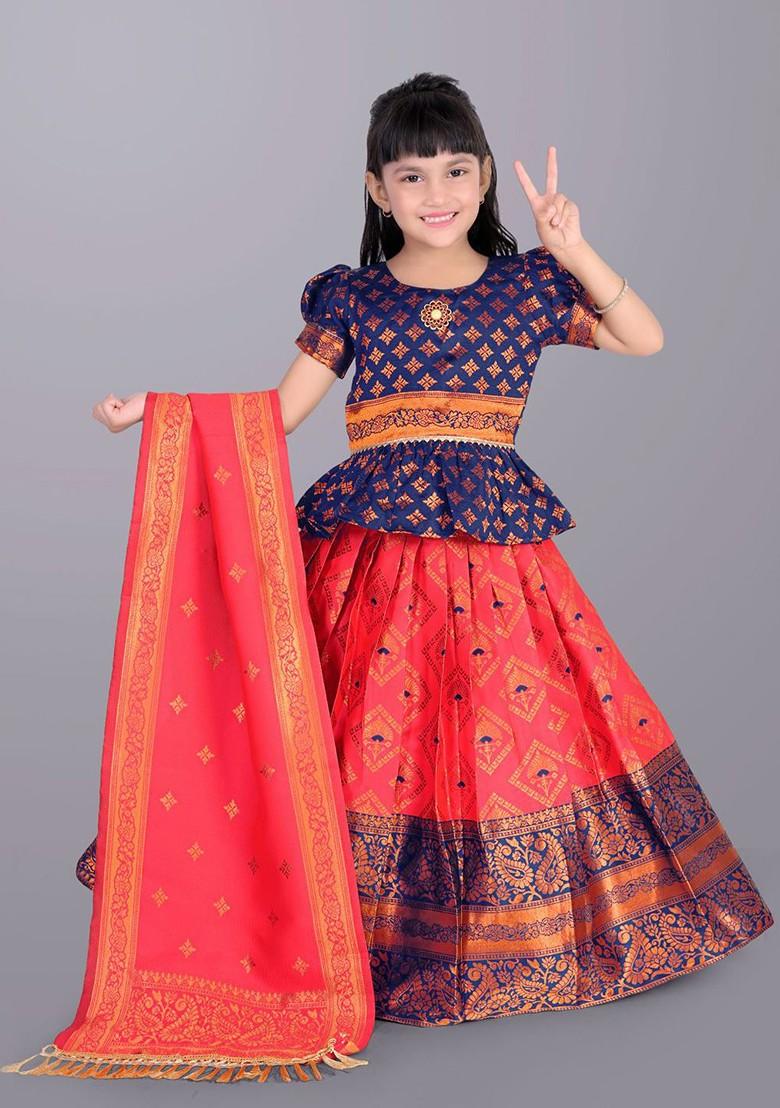 Peach Embroidered Blended Lehenga Choli For Girls - Indya