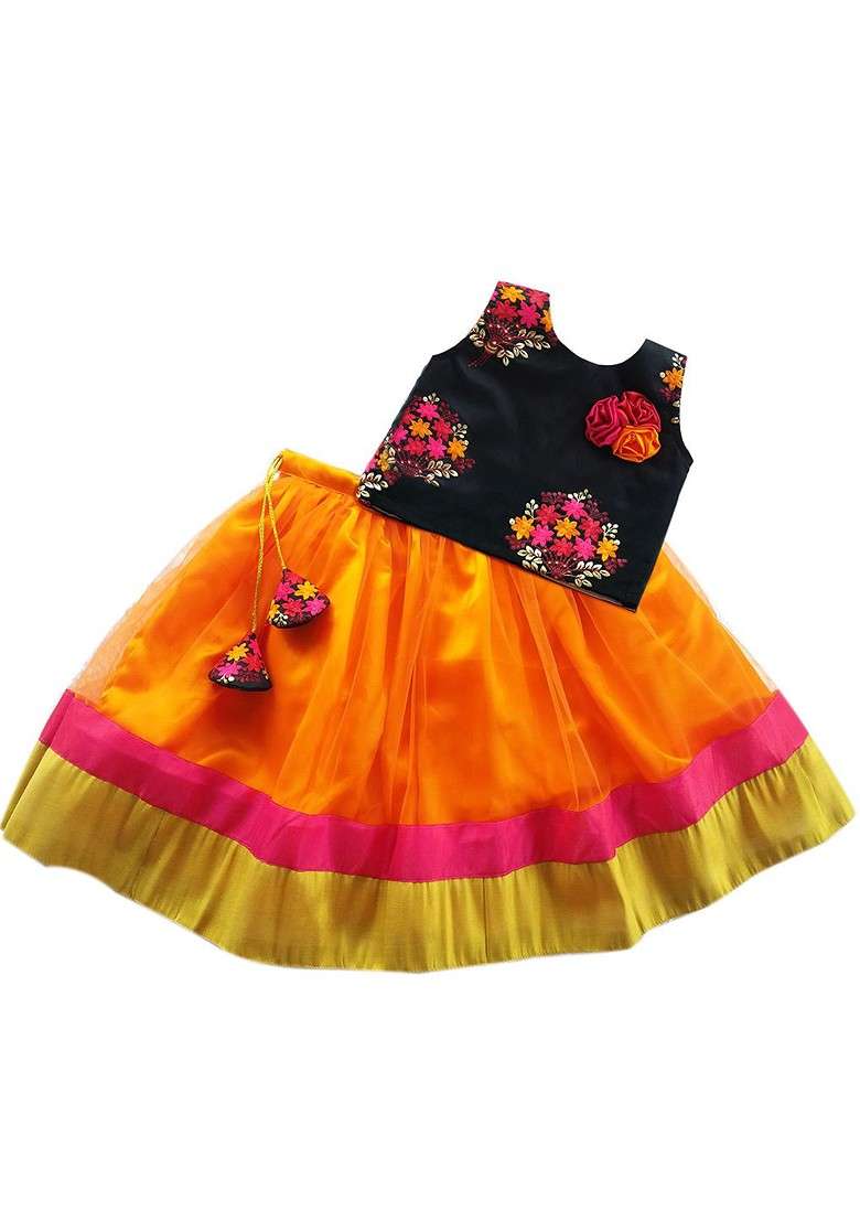 Orange Embroidered Blended Lehenga Choli For Girls - Indya