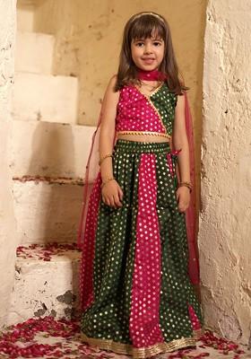 Green Embroidered Blended Lehenga Choli For Girls