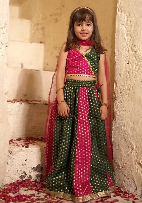 Green Embroidered Blended Lehenga Choli For Girls