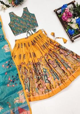 Yellow Printed Silk Lehenga Choli For Girls