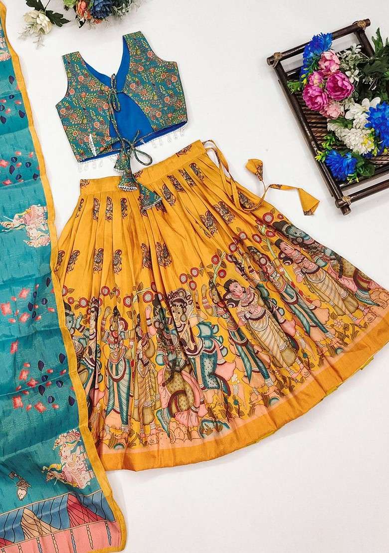 Yellow Printed Silk Lehenga Choli For Girls - Indya