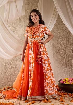 Orange Printed Blended Lehenga Choli For Girls