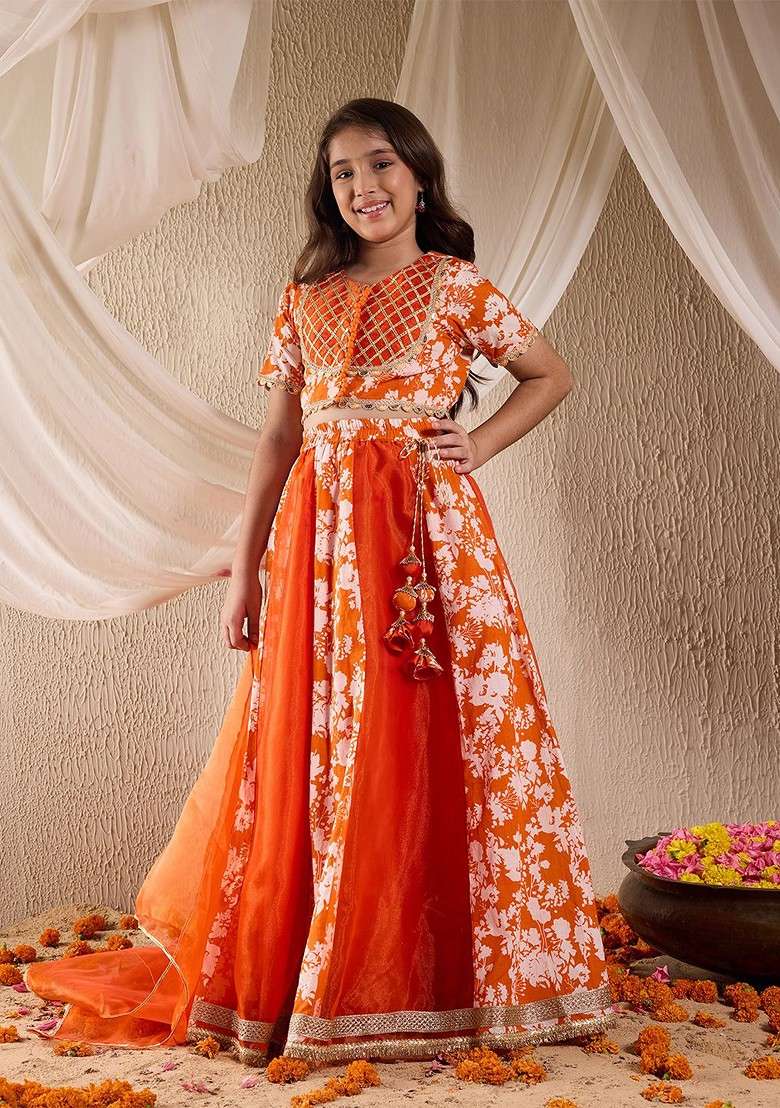 Orange Printed Blended Lehenga Choli For Girls - Indya
